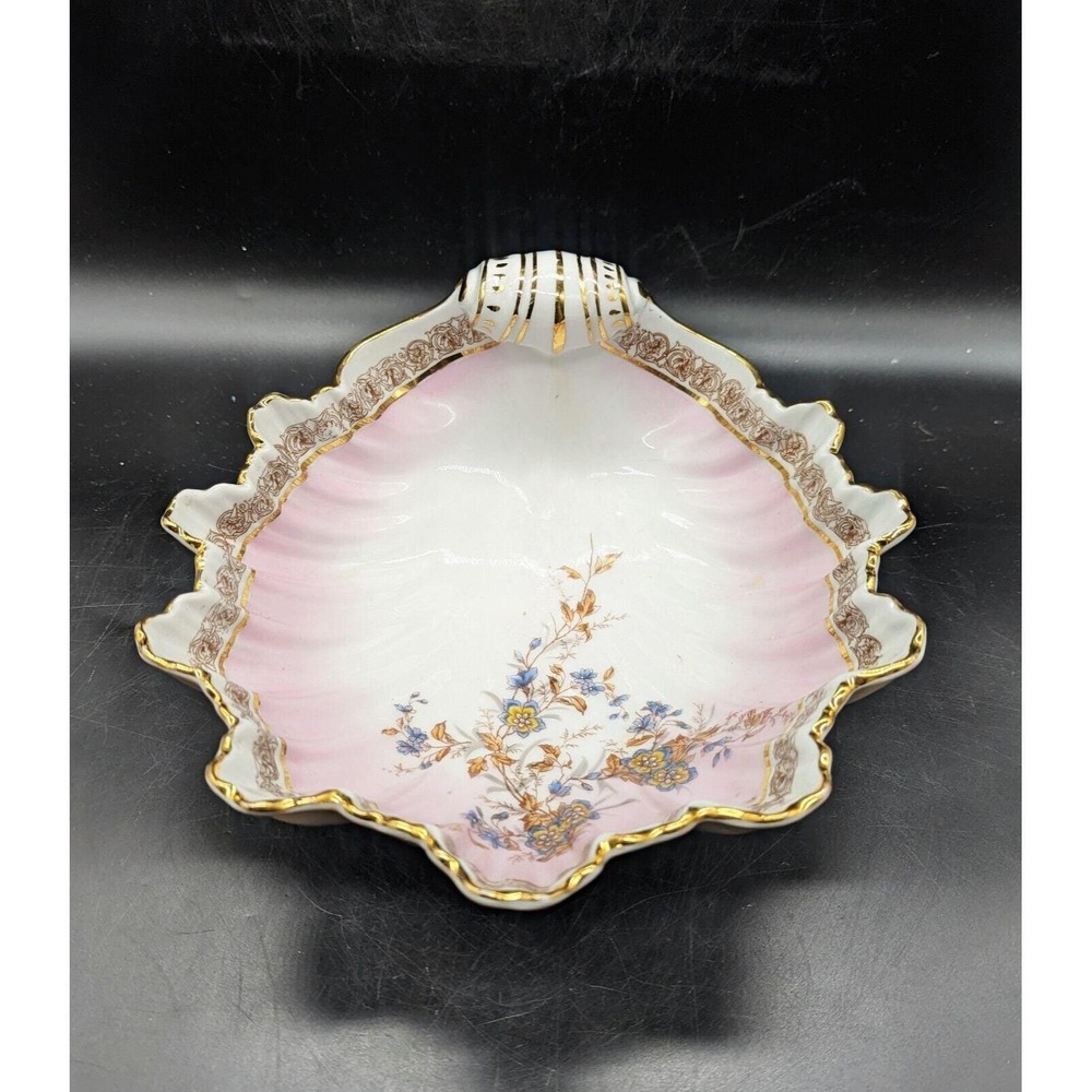 Antique Pink Hand Painted German Porcelain Seashell Serving Bowl Flowers 9.5"